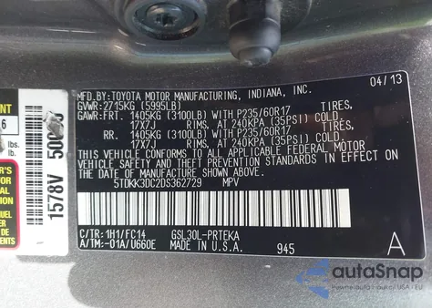 2013 Toyota Sienna Le V6 8 Passenger из США, поврежденный, VIN 5TDKK3DC2DS362729